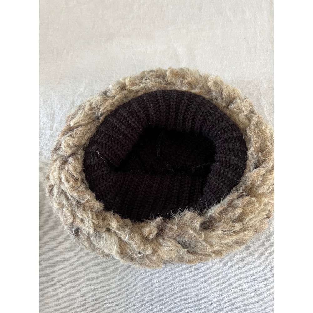 Vintage Black Knit Faux Shearling Trim Winter Beanie One Size - Picture 3 of 4